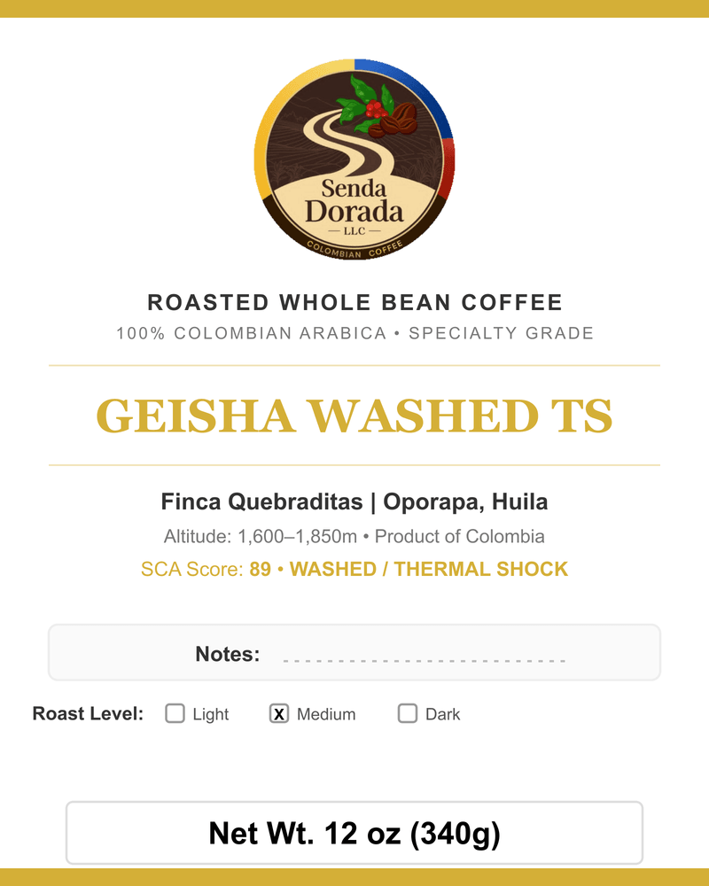 Q02 Geisha Washed TS — Senda Dorada label