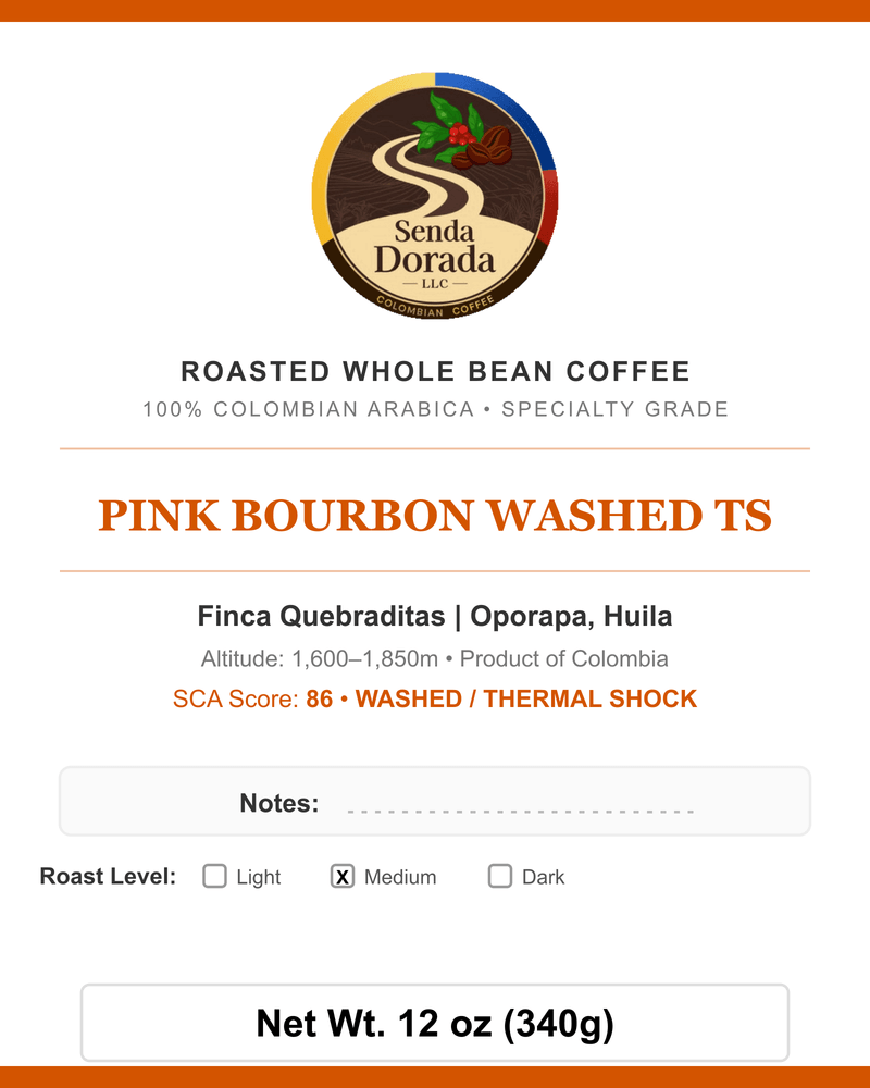 Q06 Pink Bourbon Washed TS — Senda Dorada label