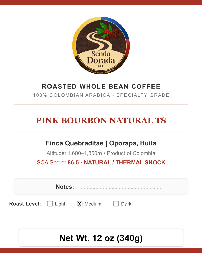Q07 Pink Bourbon Natural TS — Senda Dorada label