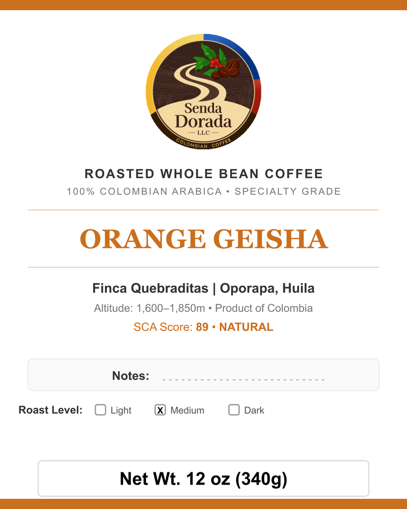 Q09 Orange Geisha — Senda Dorada label