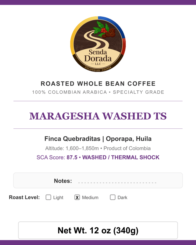 Q12 Maragesha Washed TS — Senda Dorada label