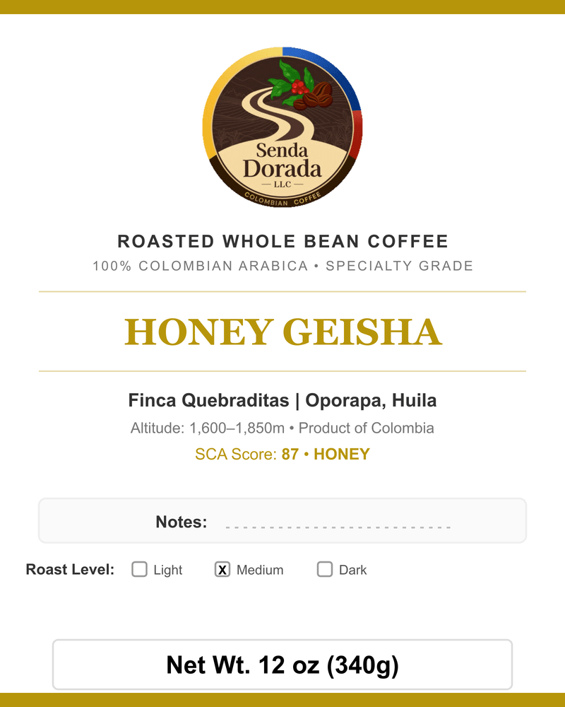 Q17 Honey Geisha — Senda Dorada label