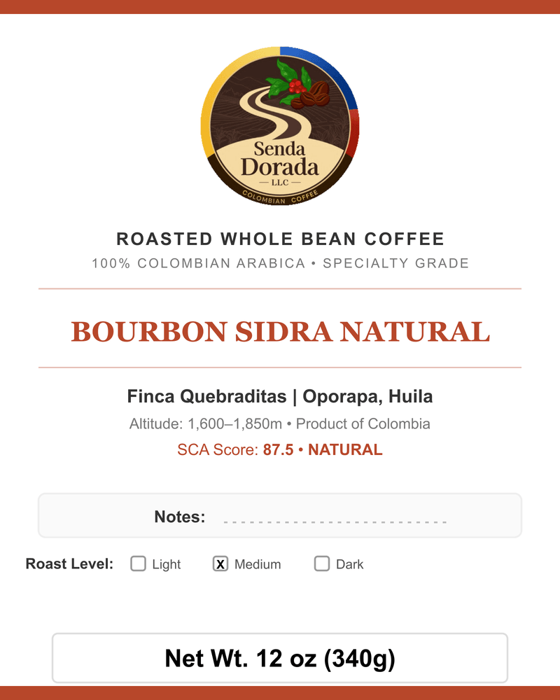 Q21 Bourbon Sidra Natural — Senda Dorada label