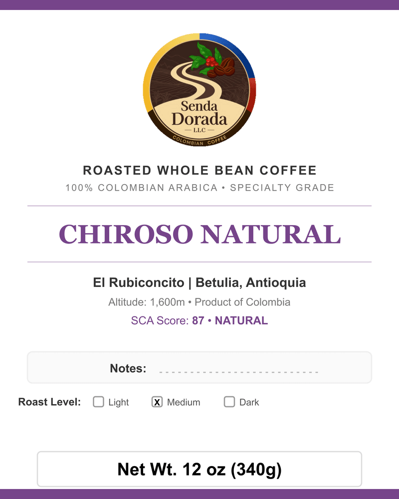 Q25 Chiroso Natural — Senda Dorada label