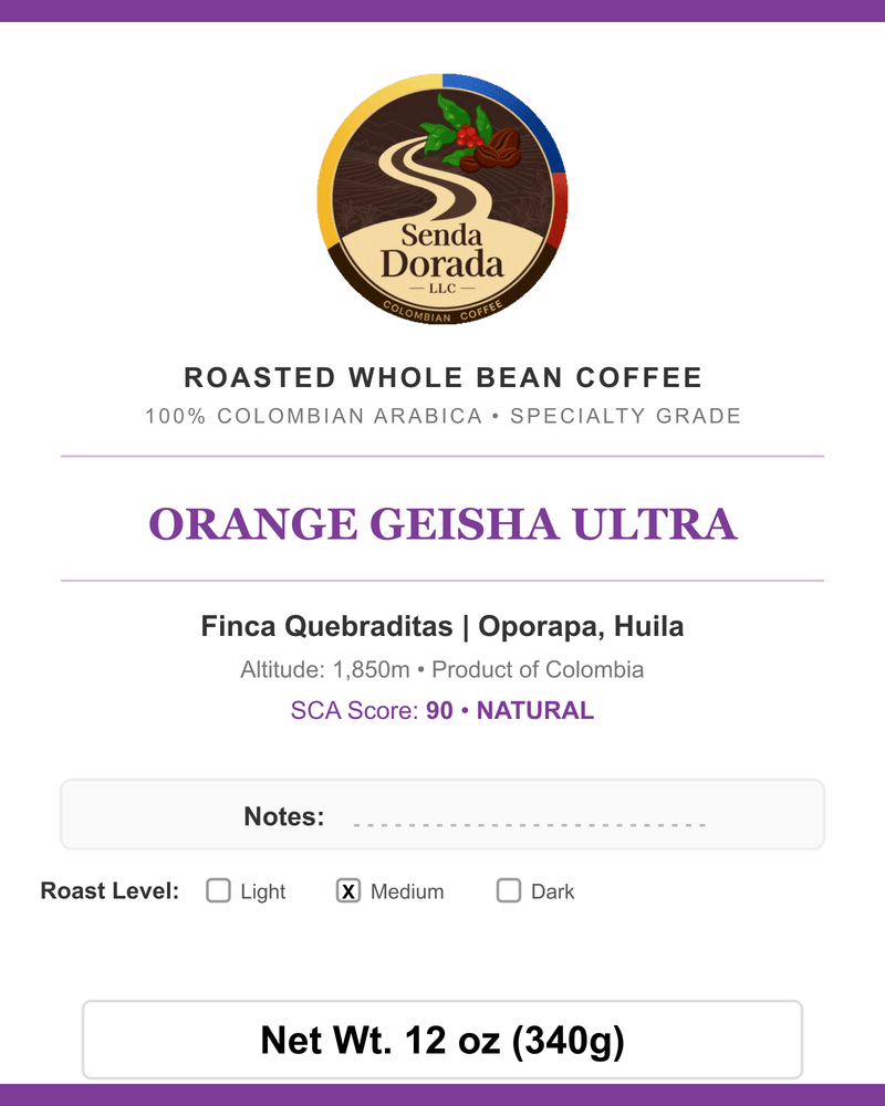 Q28 Orange Geisha Ultra — Senda Dorada label