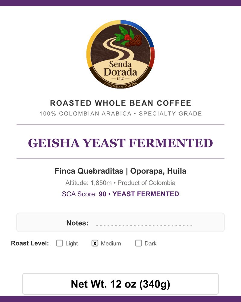 Q32 Geisha Yeast Fermented — Senda Dorada label