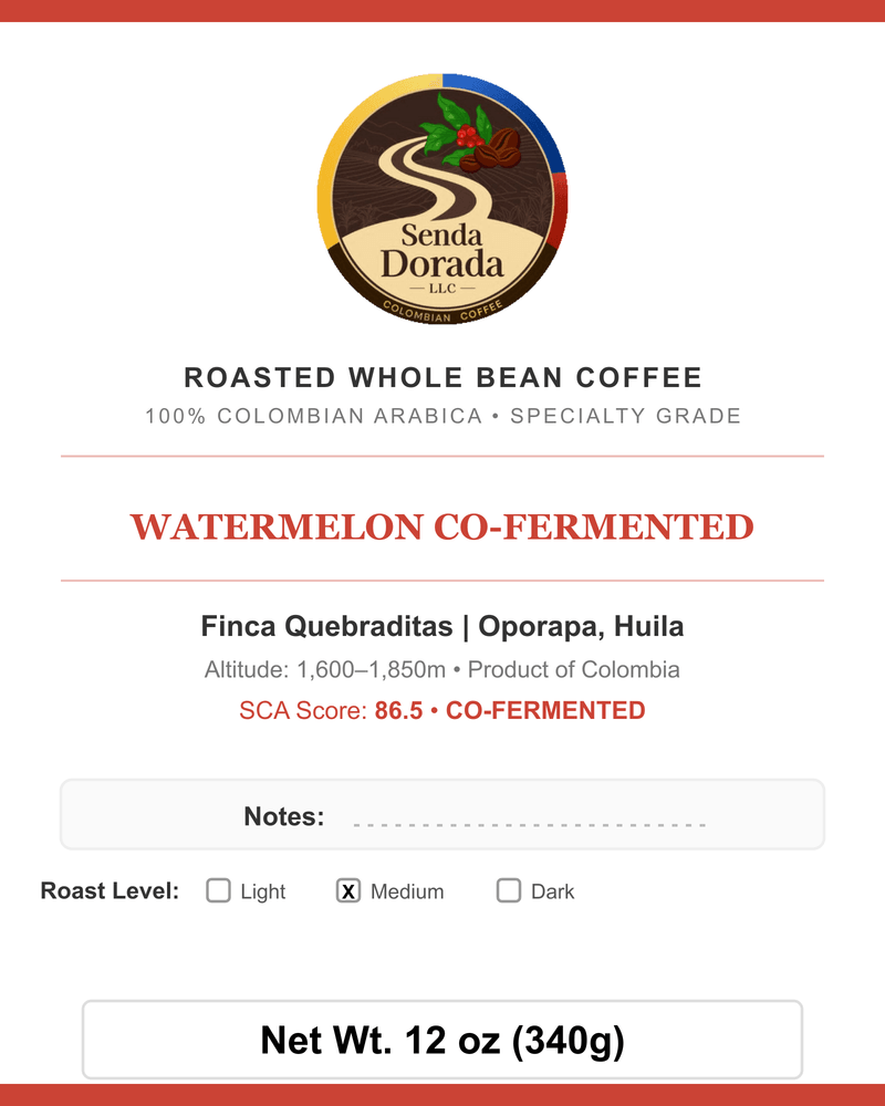 Q34 Watermelon Co-Fermented — Senda Dorada label